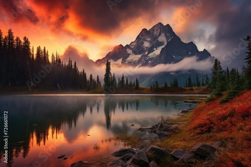 Beautiful Painting of Mountain and Lake Landscape  View from Picture Lake of Mount Shuksan while the sunrise breaks through an incoming storm during the fall season  AI Generated