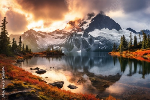 Majestic Mountain Scene With Scenic Lake, View from Picture Lake of Mount Shuksan while the sunrise breaks through an incoming storm during the fall season, AI Generated © Ifti Digital