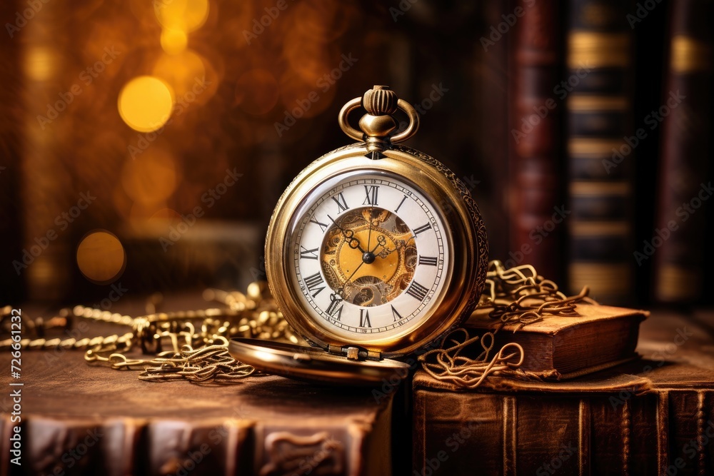 A pocket watch placed on top of a book, symbolizing the connection between time and knowledge, Vintage clock hanging on a chain against the background of old books, AI Generated A pocket watch placed on top of a book, symbolizing the connection between time and knowledge, Vintage clock hanging on a chain against the background of old books, AI Generated
