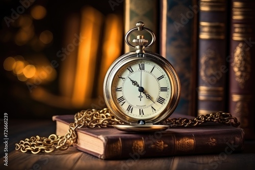 A vintage pocket watch elegantly sits on top of an open book, symbolizing the intersection of time and knowledge, Vintage clock hanging on a chain against the background of old books, AI Generated