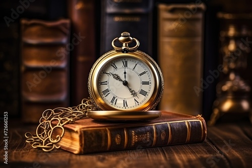 Gold Pocket Watch Resting on Book, Vintage Timepiece on Top of Literature, Vintage clock hanging on a chain against the background of old books, AI Generated