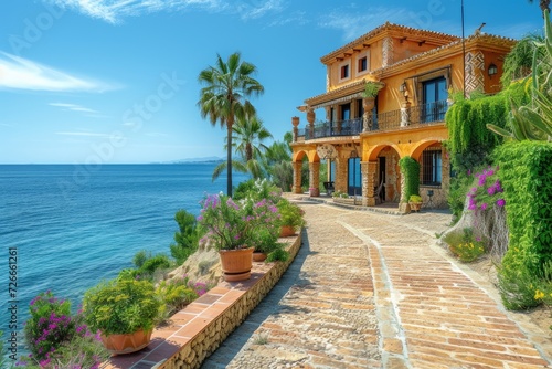 Lovely Spanish property on a bright day by the sea. Generative Ai.