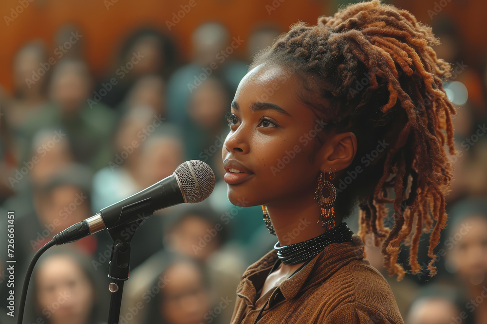 An unplanned photo of a person from a marginalized community speaking at a public event. Concept of empowering marginalized voices. Generative Ai. An unplanned photo of a person from a marginalized community speaking at a public event. Concept of empowering marginalized voices. Generative Ai.