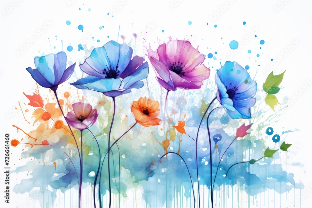 Obraz premium Painting of Colorful Flowers on White Background, Watercolor flowers background with abstract flowers made from watercolor paint splashes, AI Generated