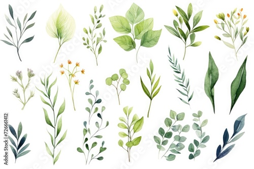 A compilation of various types of leaves showcased on a minimalistic white backdrop, Watercolor floral illustration set, featuring a collection of green leaf branches, AI Generated
