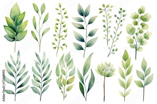 A vibrant assortment of green leaves arranged on a pristine white background, Watercolor floral illustration set, featuring a collection of green leaf branches, AI Generated