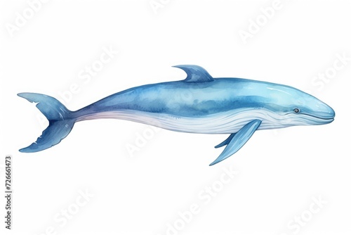 A detailed drawing of a blue whale, depicted on a plain white background, Watercolor illustration of a blue whale isolated on a white background, AI Generated