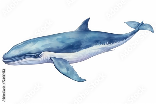 This image showcases a detailed drawing of a blue whale characterized by its distinct long tail, Watercolor illustration of a blue whale isolated on a white background, AI Generated