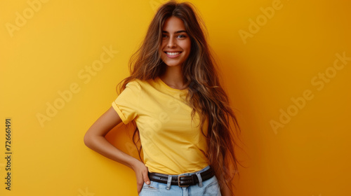 smiling young woman with long wavy hair is standing confidently with her hands on her hips against a vibrant yellow background