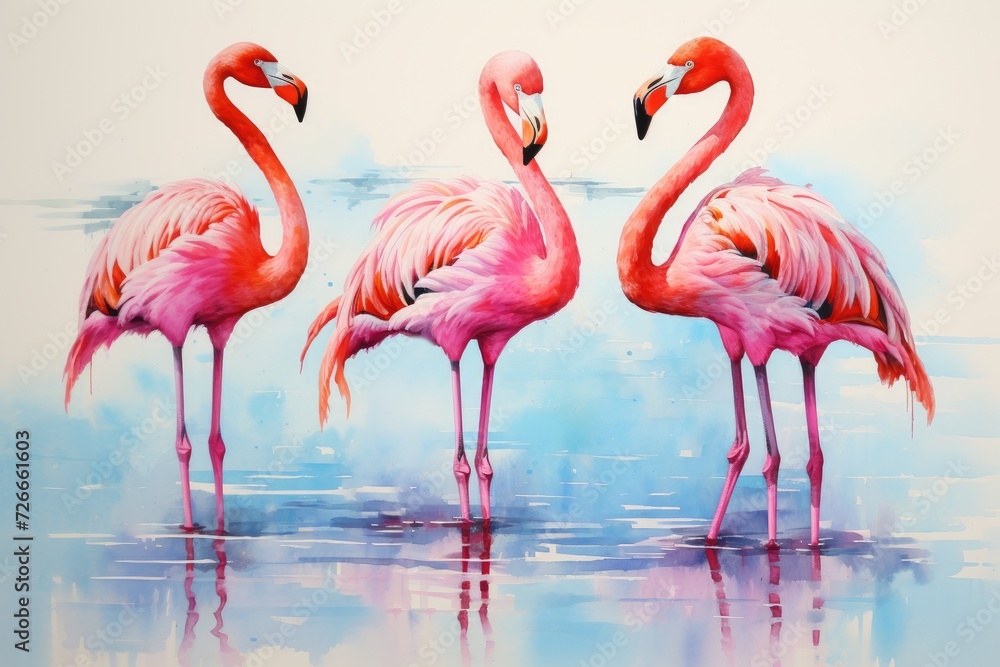 A picture capturing three pink flamingos standing gracefully in the water, Watercolor painting of flamingos, AI Generated A picture capturing three pink flamingos standing gracefully in the water, Watercolor painting of flamingos, AI Generated