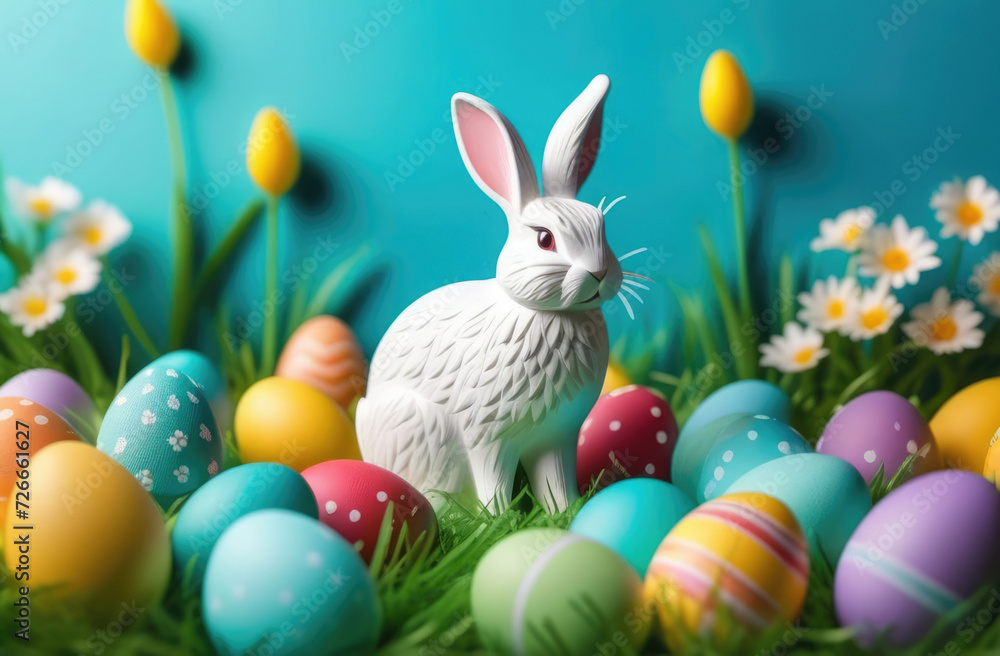 Easter bunny and colorful eggs on green grass with flowers, closeup