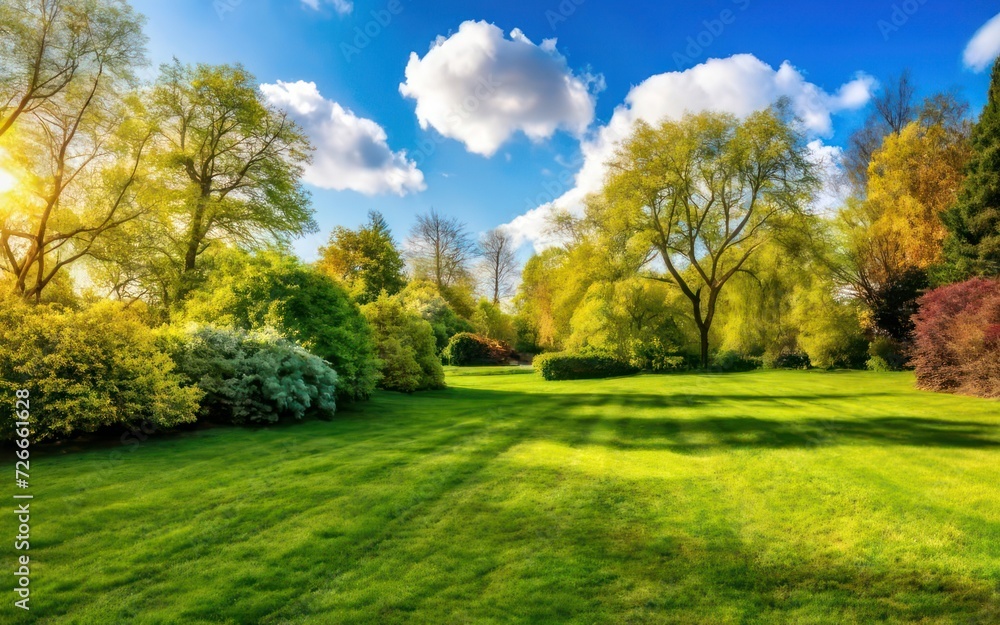 Spring Serenity Blurred Nature Background with Trimmed Lawn and Blue Sky Spring Serenity Blurred Nature Background with Trimmed Lawn and Blue Sky