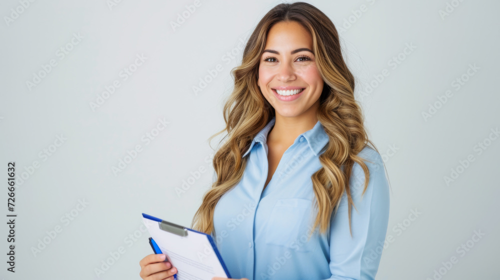 smiling young woman with long wavy hair, wearing a light blue button-up shirt smiling young woman with long wavy hair, wearing a light blue button-up shirt