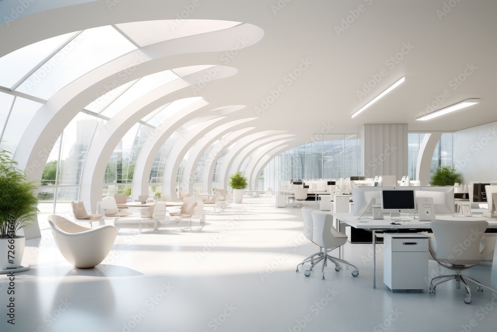 A spacious office area filled with white chairs and desks, providing ample space for productivity and collaboration, White open space office interior, AI Generated A spacious office area filled with white chairs and desks, providing ample space for productivity and collaboration, White open space office interior, AI Generated