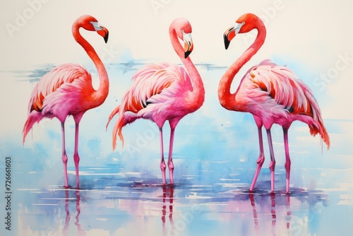 A picture capturing three pink flamingos standing gracefully in the water, Watercolor painting of flamingos, AI Generated