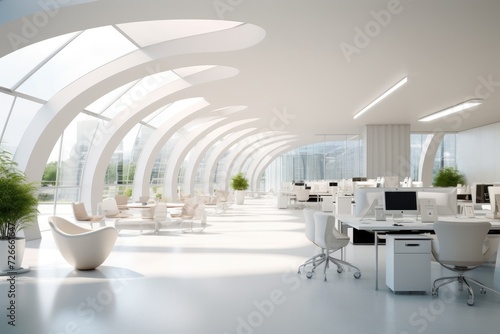 A spacious office area filled with white chairs and desks, providing ample space for productivity and collaboration, White open space office interior, AI Generated © Ifti Digital
