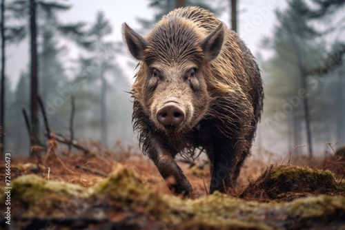A wild boar dashes through the dense forest under rainfall, Wild boar Sus scrofa in the Czech Republic, AI Generated