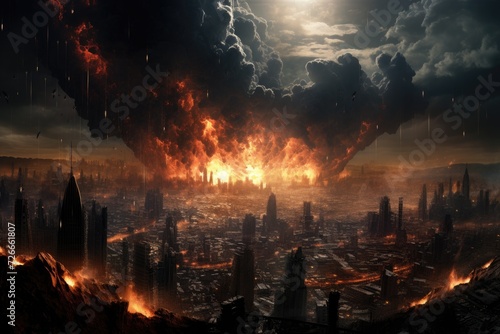 A sprawling metropolis is consumed by a raging fire, with billowing smoke filling the sky, World collapse, doomsday scene depicted in a digital painting, AI Generated