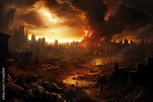 The image captures a city in the midst of a raging fire  requiring immediate intervention to contain the inferno  World collapse  doomsday scene depicted in a digital painting  AI Generated