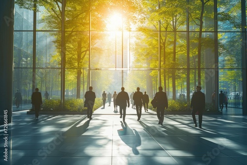 People moving through a sunny, tree-filled office building. Generative Ai.