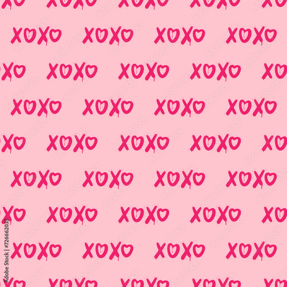 Pink graffiti clip art. Urban street style. Xoxo seamless pattern. Valentine's day elements. Modern print. Y2k love sign. Splash effects and drops. Grunge and spray texture.