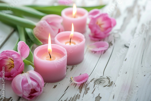Pink yellow tulip flowers, lit candles on rustic wooden background. Greeting card