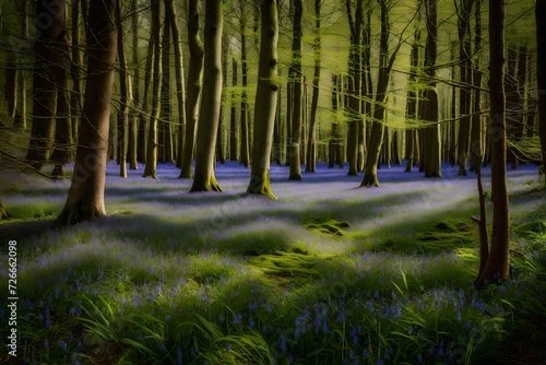 Bluebells blanket the woodland floor  forming a delicate and lovely pattern beneath the towering trees.