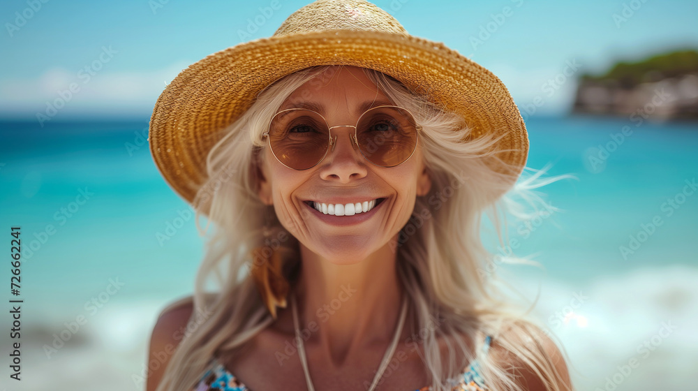 Portrait of an elderly woman beside the sea wearing a straw hat and sunglasses.