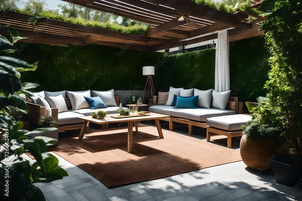 A stylish outdoor patio with comfortable furniture and lush greenery