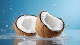 Photo with halves of coconut with water splashes. Bright banner on blue background with copy space. Ai generation
