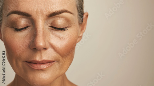 close-up of a middle-aged woman with closed eyes, showing a calm and serene expression, set against a neutral background