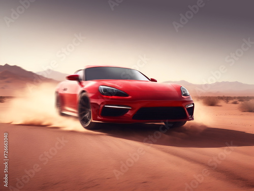 High-speed supercar on a dusty desert road. Red racing sports car racing through arid terrain 
