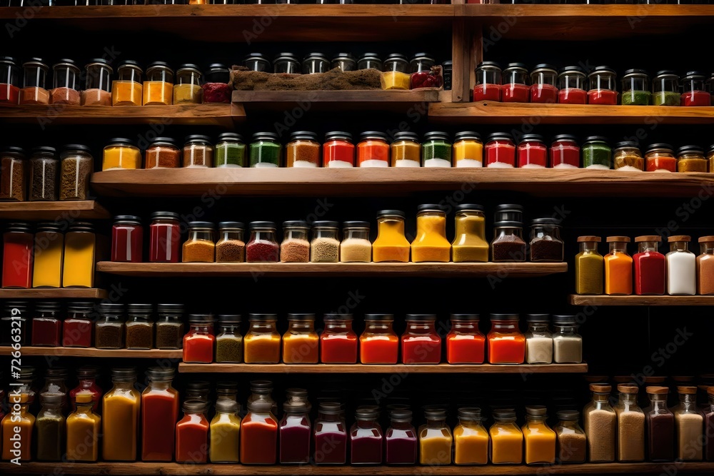 A shelf full of vibrant spices, herbs, and exotic condiments
