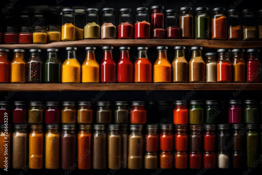 A shelf stocked with colorful spices, herbs, and exotic condiments A shelf stocked with colorful spices, herbs, and exotic condiments