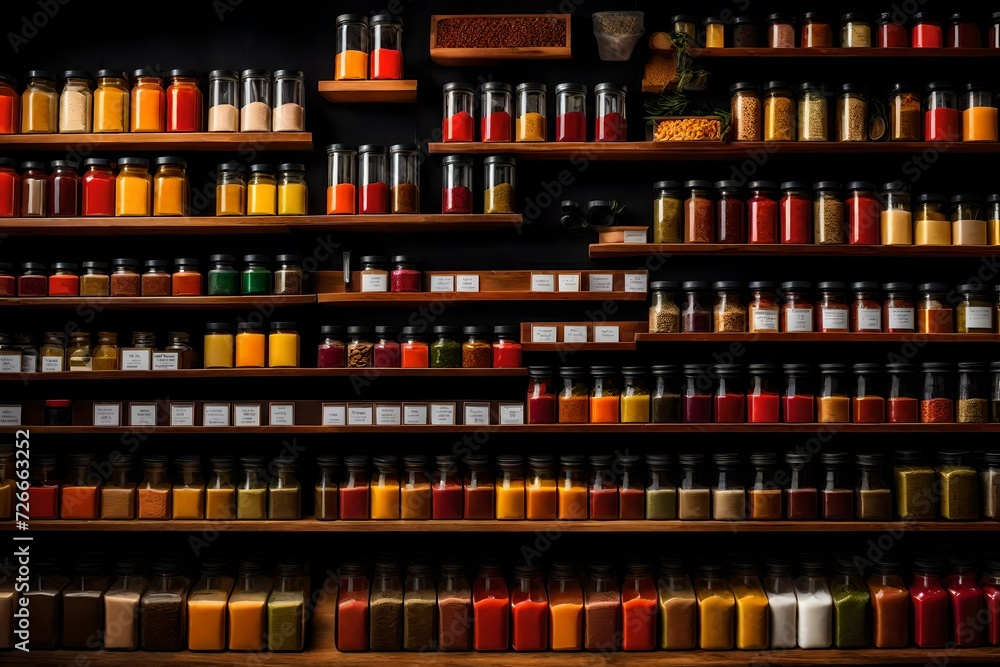 A shelf filled with colorful spices, herbs, and exotic condiments