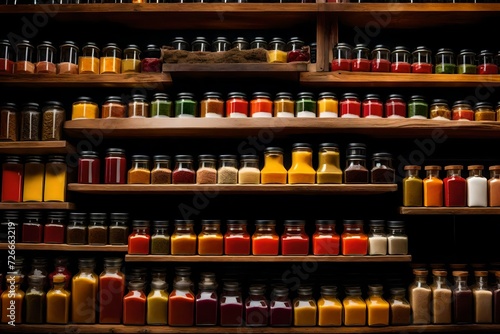 A shelf full of vibrant spices, herbs, and exotic condiments