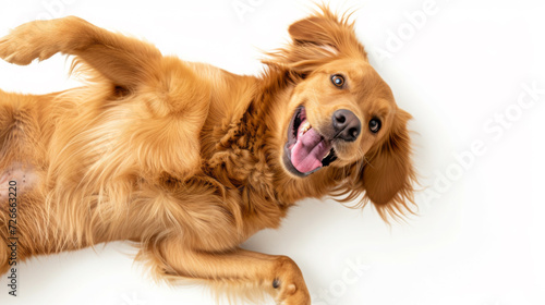 adorable golden retriever looking up at the camera with a happy expression and its tongue out against a white background photo