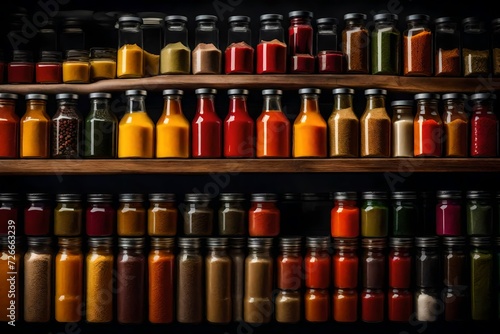 A shelf stocked with colorful spices, herbs, and exotic condiments