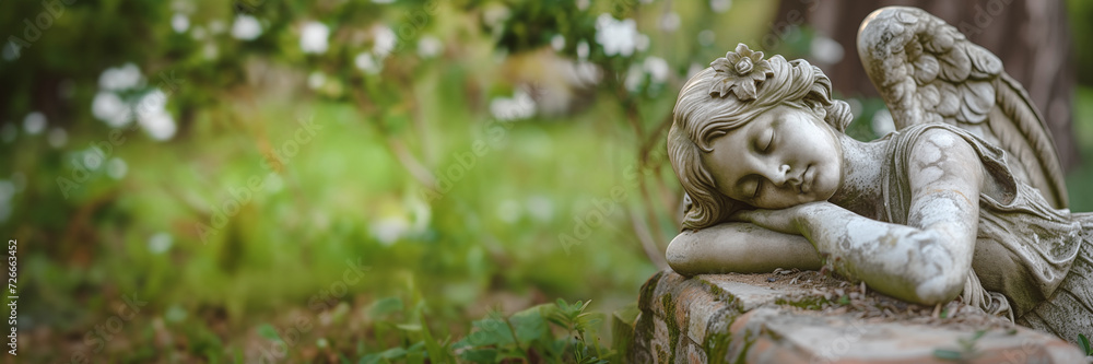 Grieving angel statue on green panoramic background with copy space, funeral services, sadness and mourning web banner - obrazy, fototapety, plakaty 