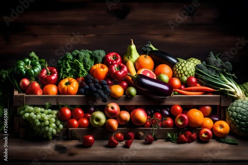 A bright display of fresh fruits and vegetables in a rustic wooden crate. 