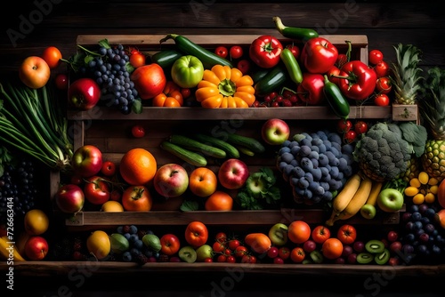 A display of beautiful fresh fruits and vegetables in a rustic wooden crate. 