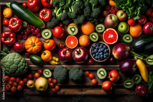 A display of colorful fresh fruits and vegetables in a rustic wooden crate 