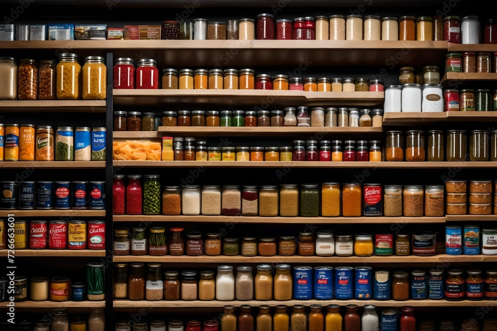 A close-up of a shelf with neatly arranged canned goods and pantry staples