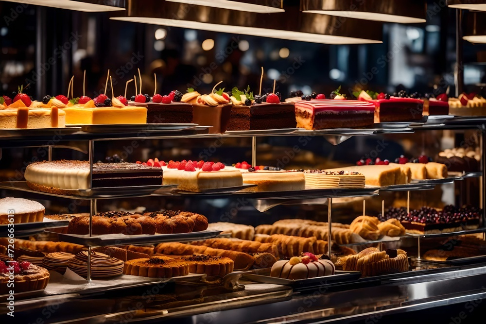 Pastries, cakes, and tarts are among the gourmet sweets on show in the patisserie.