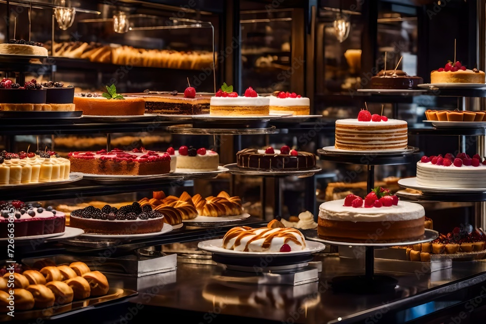 An array of gourmet desserts on a patisserie display, including pastries, cakes, and tarts