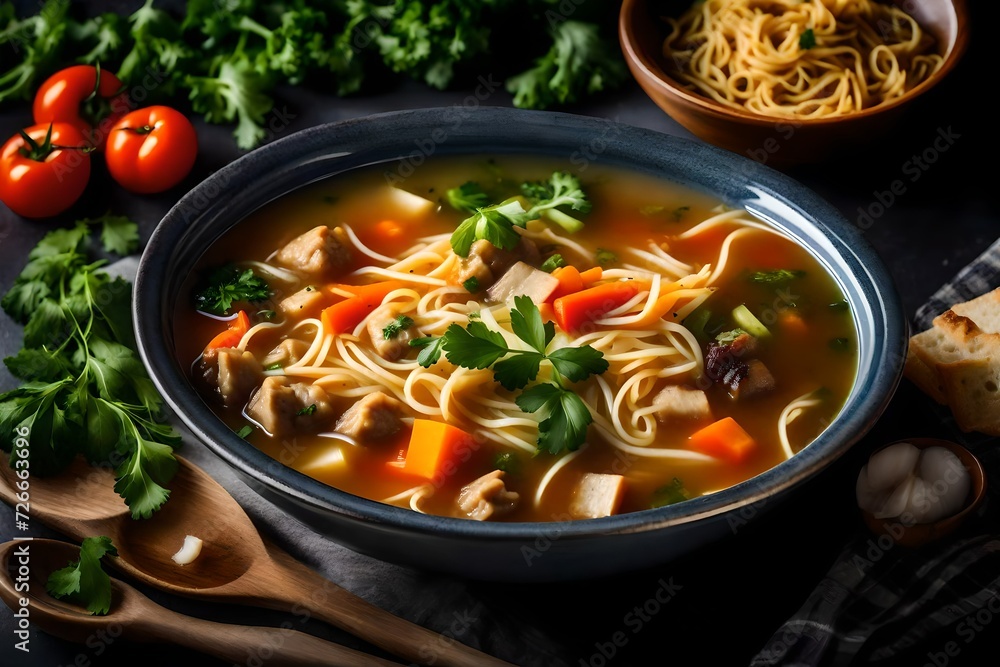 A steamy cup of homemade soup with pieces of vegetables and thick noodles