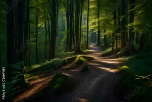 A winding forest path surrounded by a natural pattern of tall trees and dappled sunlight  inviting exploration and contemplation