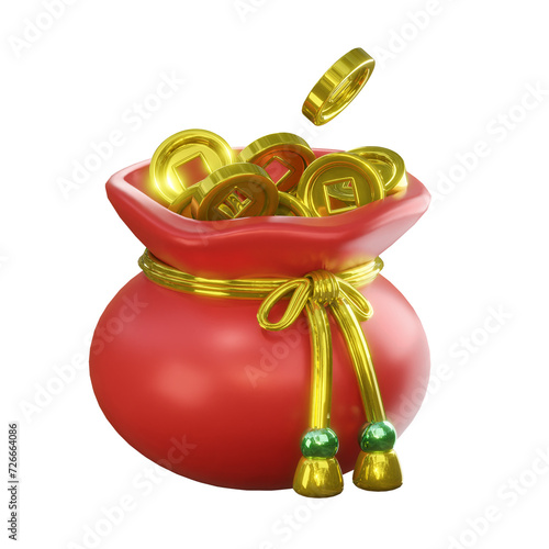 3d Chinese new year gold coin sack icon isolated on transparent background. 3D illustration