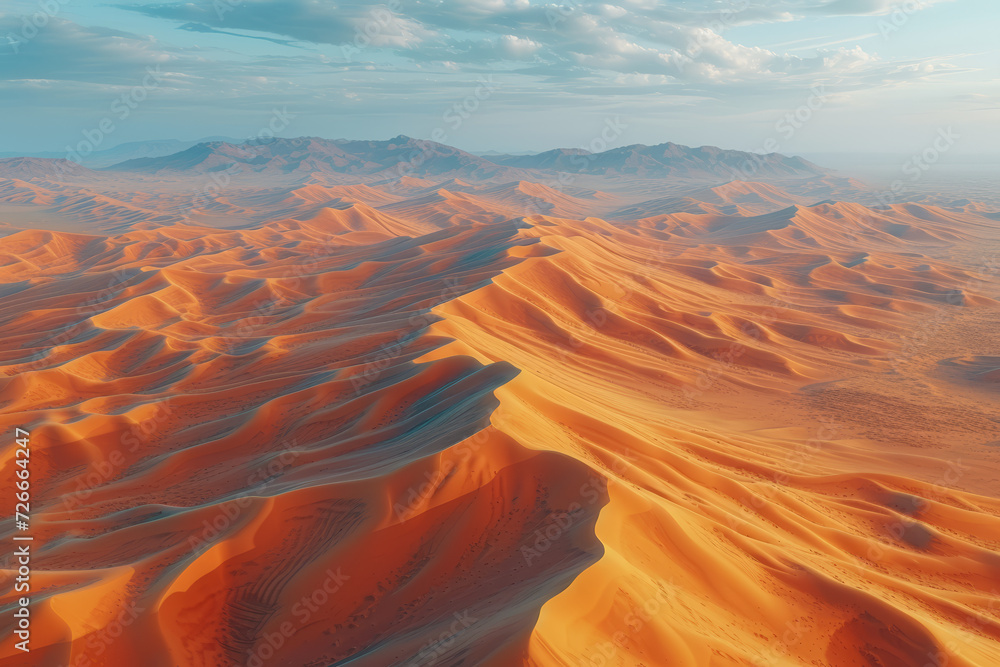 A drone shot over a sprawling desert, with sand dunes creating natural, wave-like patterns. Concept of stark beauty and natural formations in arid landscapes. Generative Ai.