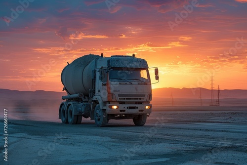 Cement truck machinery at dusk. Generative Ai.